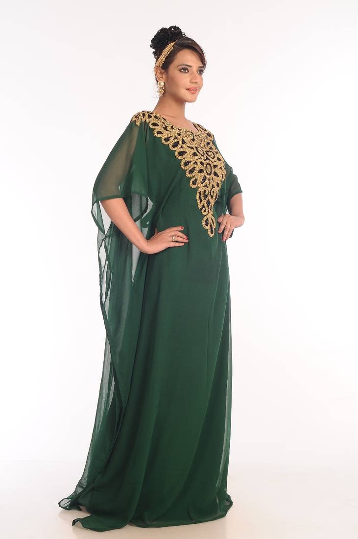 Bottle Green Embroidered Georgette Islamic Kaftan