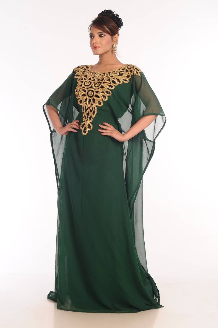 Bottle Green Embroidered Georgette Islamic Kaftan