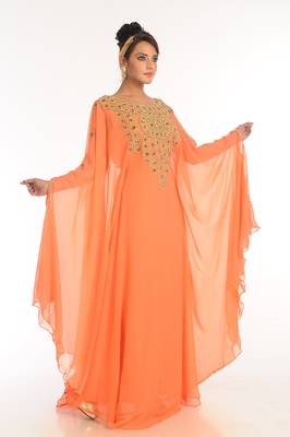 Peach Embroidered Georgette Islamic Kaftan 2