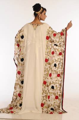 Cream And Red Embroidered Georgette Islamic Kaftan 2