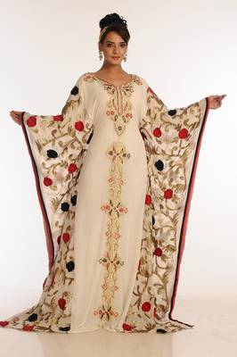 Cream And Red Embroidered Georgette Islamic Kaftan 1