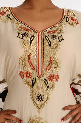 Cream And Red Embroidered Georgette Islamic Kaftan 3