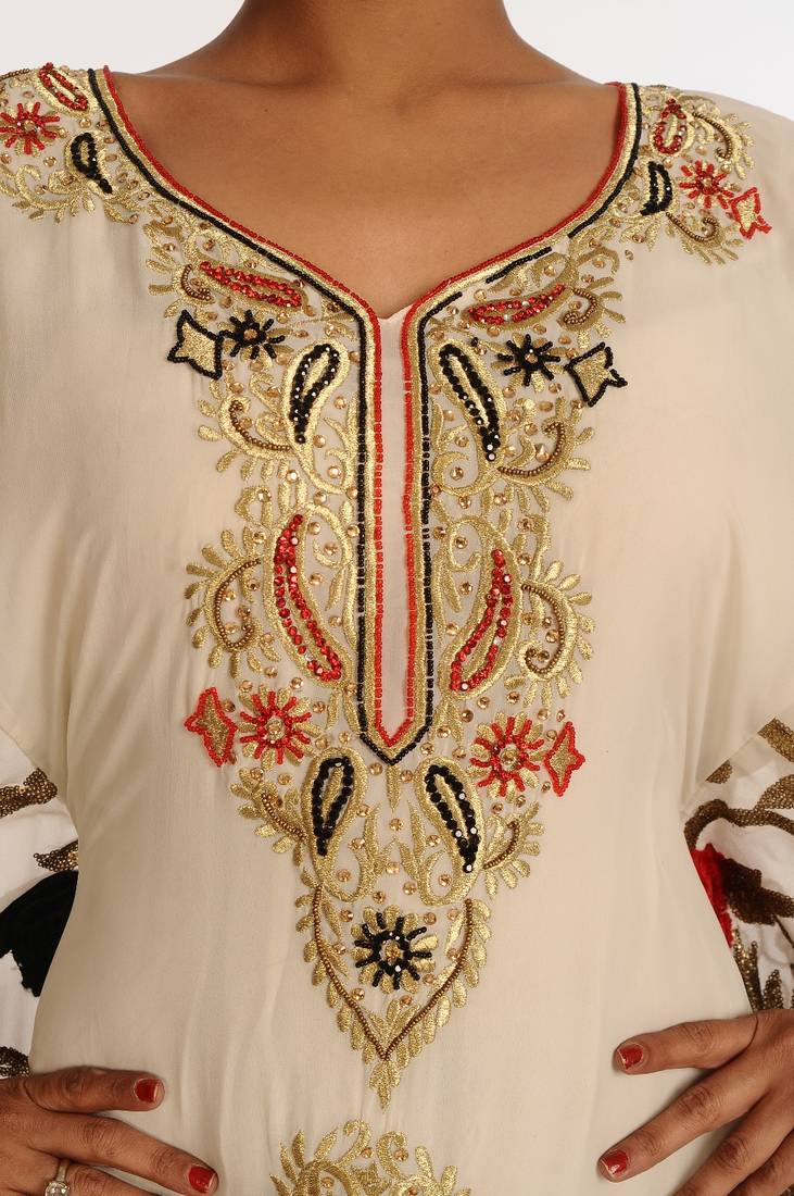 Cream And Red Embroidered Georgette Islamic Kaftan