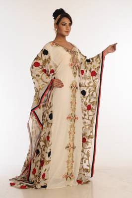 Cream And Red Embroidered Georgette Islamic Kaftan 4