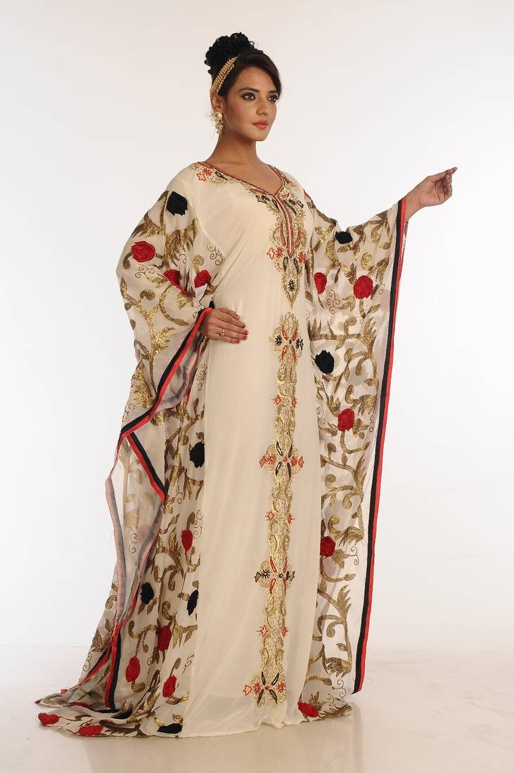 Cream And Red Embroidered Georgette Islamic Kaftan
