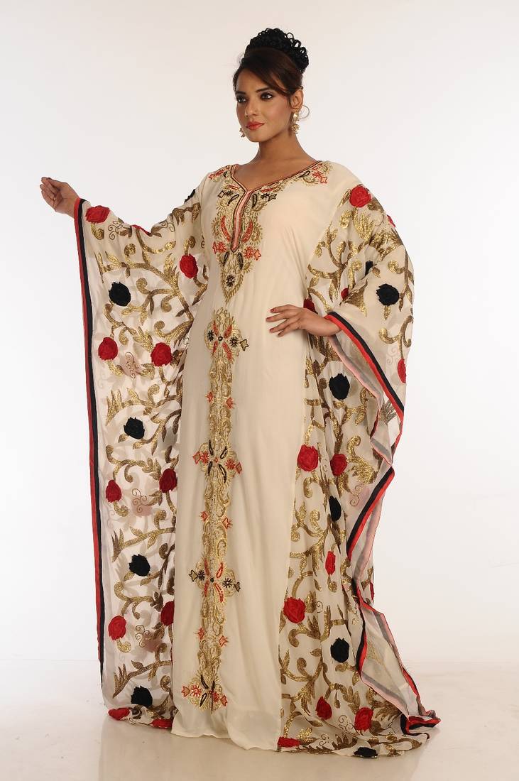 Cream And Red Embroidered Georgette Islamic Kaftan