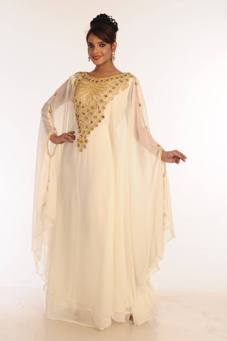 Cream Embroidered Georgette Islamic Kaftan