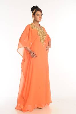 Peach Embroidered Georgette Islamic Kaftan 1