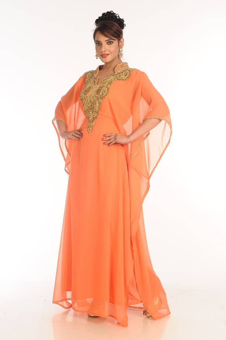 Peach Embroidered Georgette Islamic Kaftan