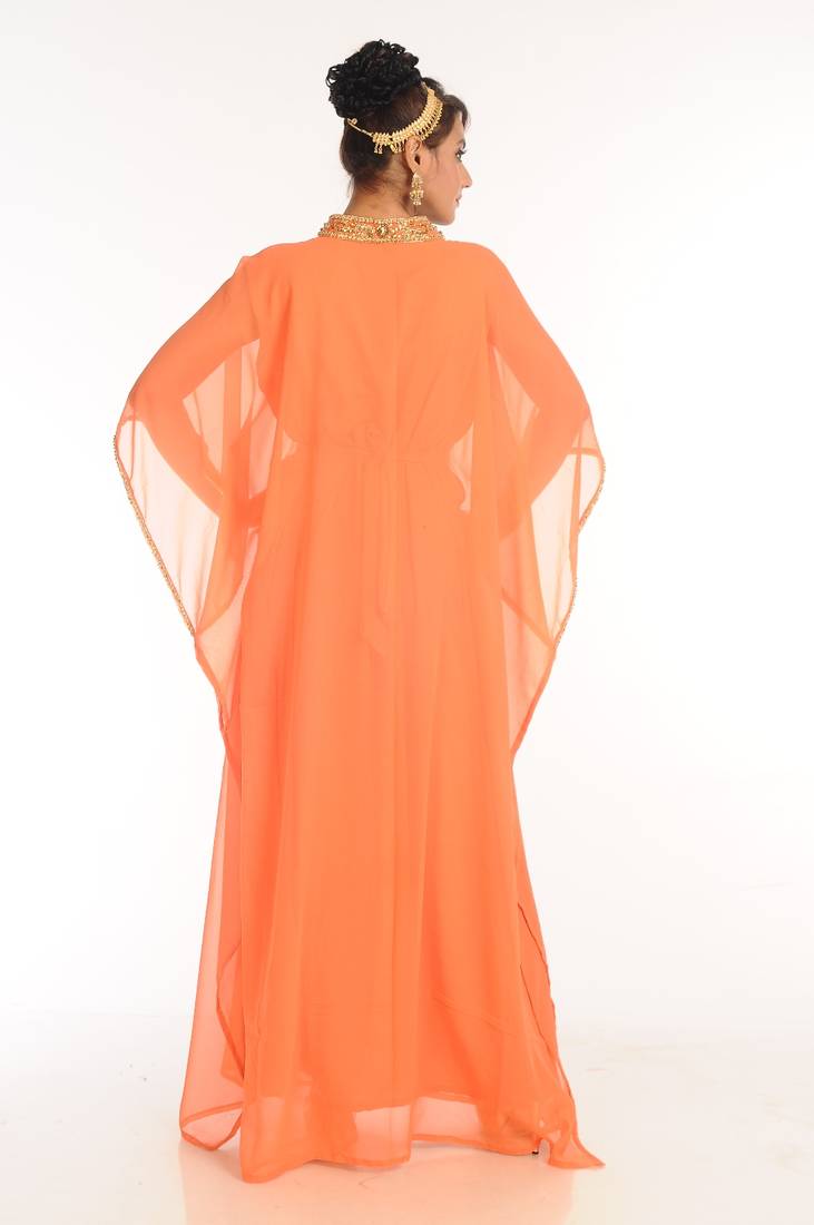 Peach Embroidered Georgette Islamic Kaftan