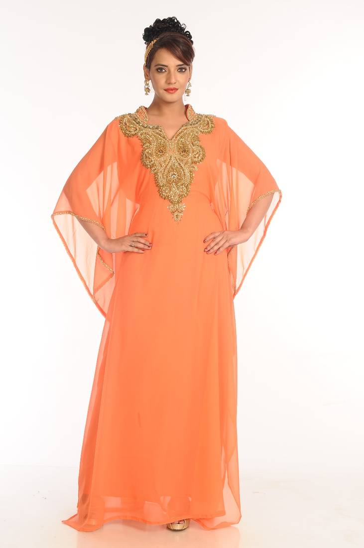 Peach Embroidered Georgette Islamic Kaftan