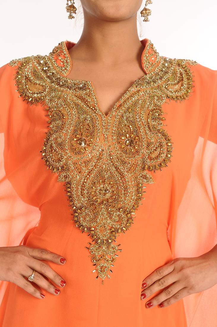 Peach Embroidered Georgette Islamic Kaftan
