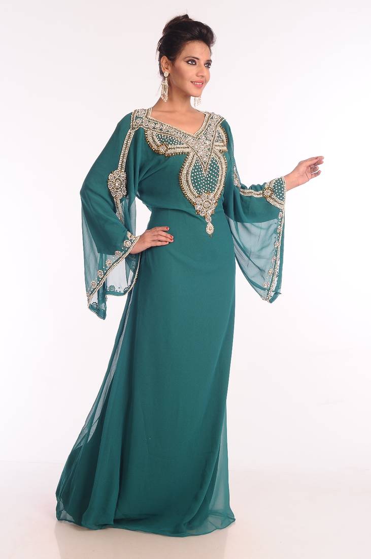 Sea Green Embroidered Georgette Islamic Kaftan