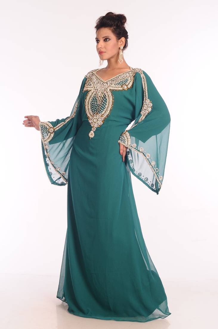 Sea Green Embroidered Georgette Islamic Kaftan