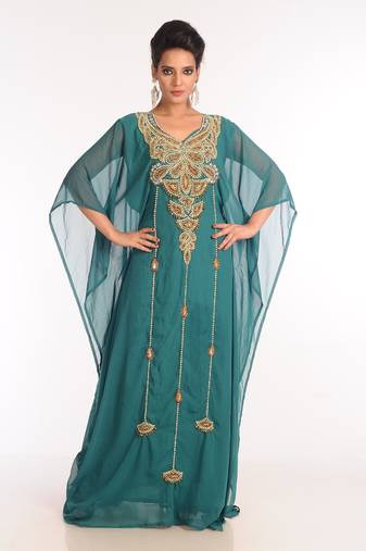 Sea Green Embroidered Georgette Islamic Kaftan