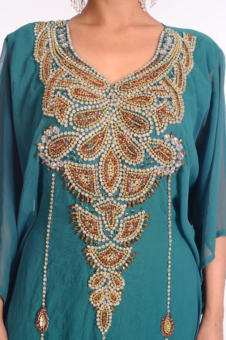 Sea Green Embroidered Georgette Islamic Kaftan