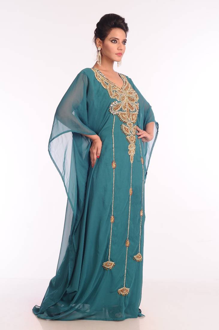 Sea Green Embroidered Georgette Islamic Kaftan