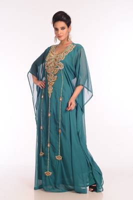 Sea Green Embroidered Georgette Islamic Kaftan 4