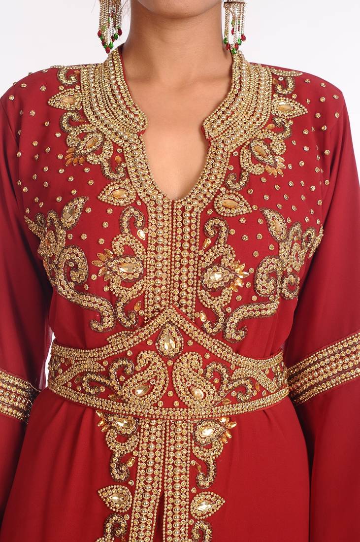 Maroon Embroidered Georgette Islamic Kaftan