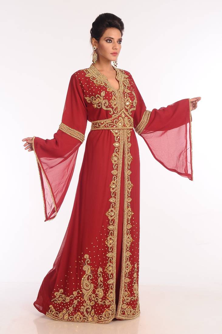 Maroon Embroidered Georgette Islamic Kaftan