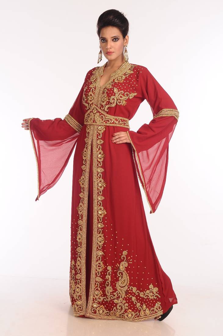 Maroon Embroidered Georgette Islamic Kaftan
