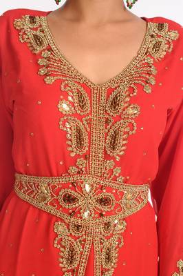 Red Embroidered Georgette Islamic Kaftan 3