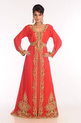 Red Embroidered Georgette Islamic Kaftan 1