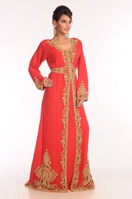 Red Embroidered Georgette Islamic Kaftan 4