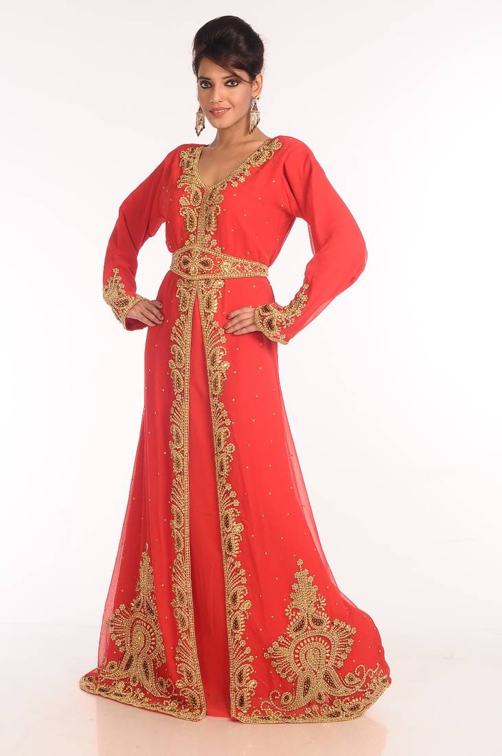 Red Embroidered Georgette Islamic Kaftan