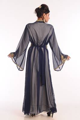 Cream Bead and Zari Embroidered Georgette Kaftan with Navy Blue Jacket 2