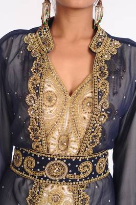 Cream Bead and Zari Embroidered Georgette Kaftan with Navy Blue Jacket 3