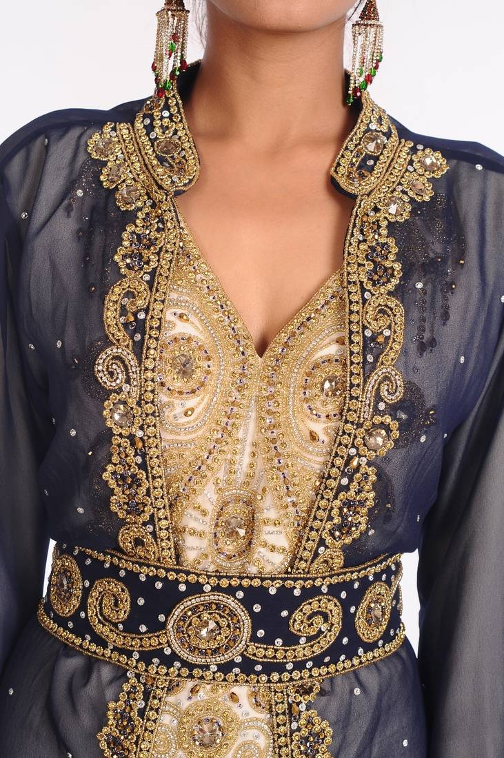Cream Bead and Zari Embroidered Georgette Kaftan with Navy Blue Jacket