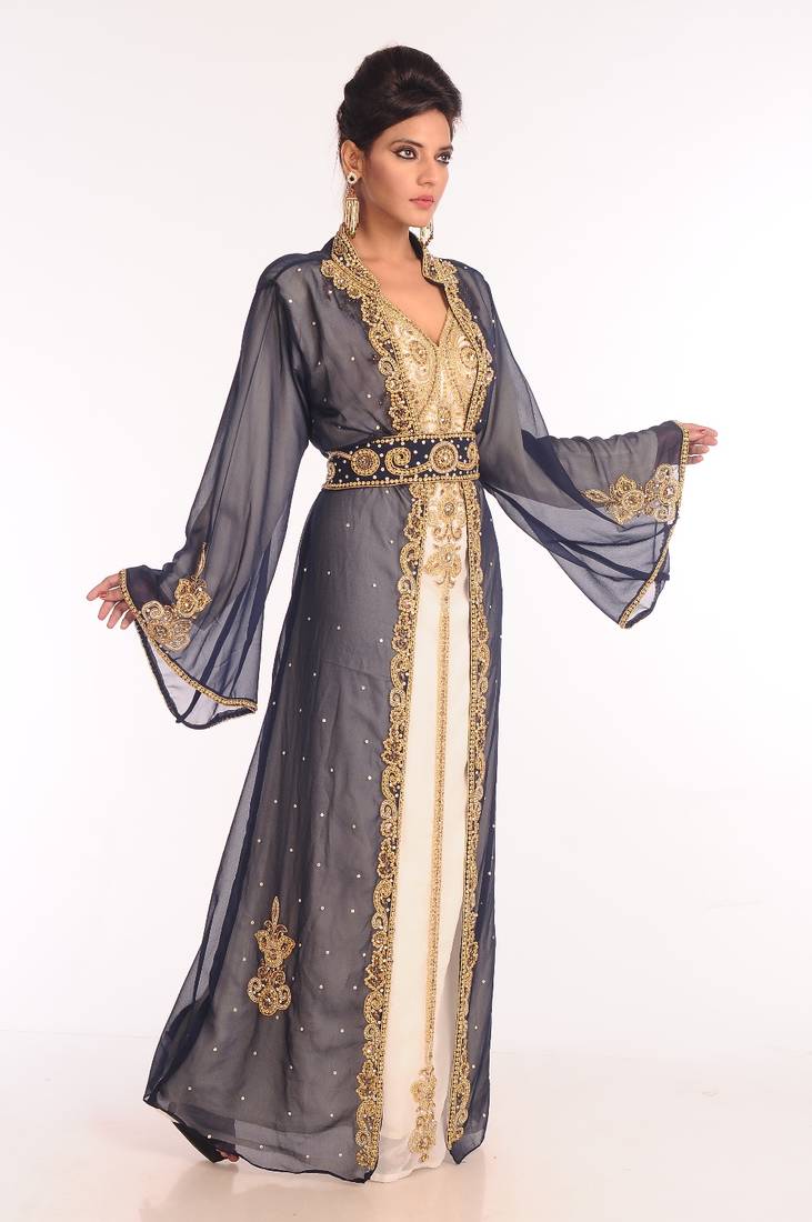 Cream Bead and Zari Embroidered Georgette Kaftan with Navy Blue Jacket