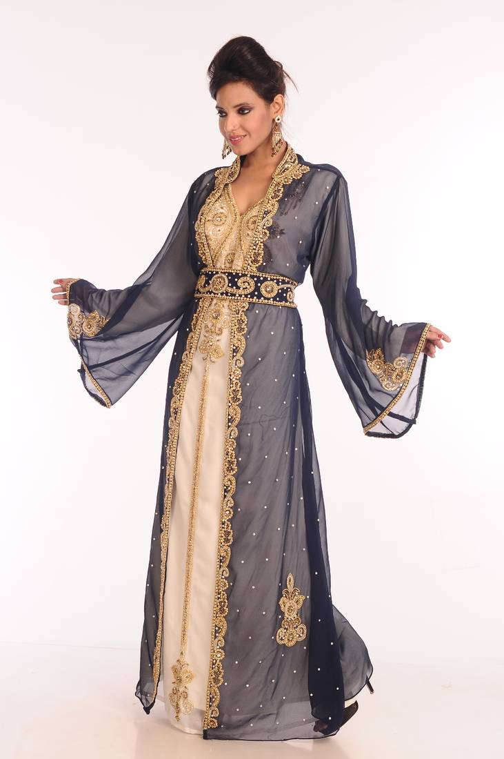 Cream Bead and Zari Embroidered Georgette Kaftan with Navy Blue Jacket