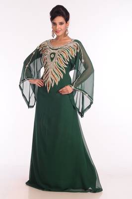 Bottle Green Embroidered Georgette Islamic Kaftan 1