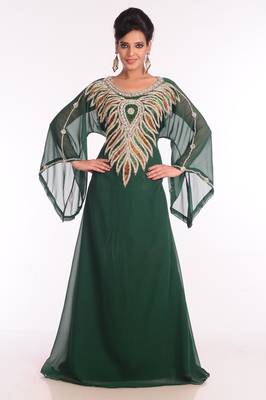 Bottle Green Embroidered Georgette Islamic Kaftan 5