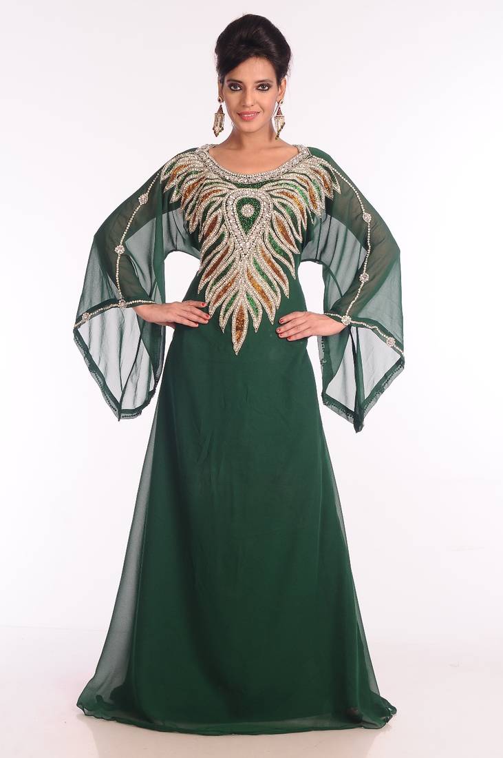 Bottle Green Embroidered Georgette Islamic Kaftan
