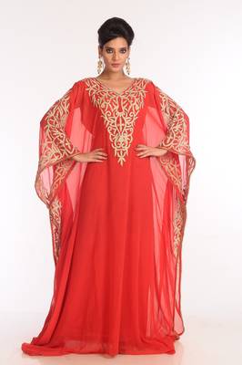 Red Embroidered Georgette Islamic Kaftan 4