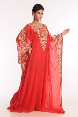 Red Embroidered Georgette Islamic Kaftan 5
