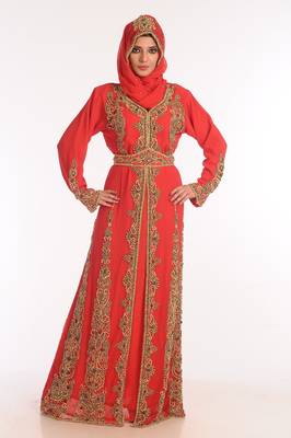Red Embroidered Georgette Islamic Kaftan 3