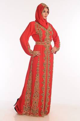 Red Embroidered Georgette Islamic Kaftan 4