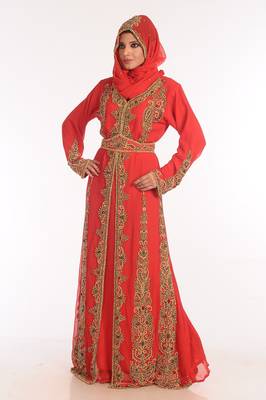 Red Embroidered Georgette Islamic Kaftan 5