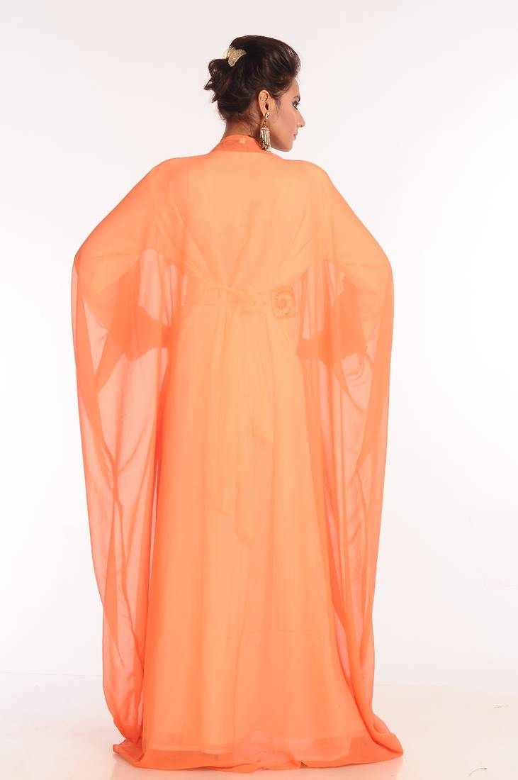 Inner Cream And Jacket Orange Embroidered Georgette Islamic Kaftan