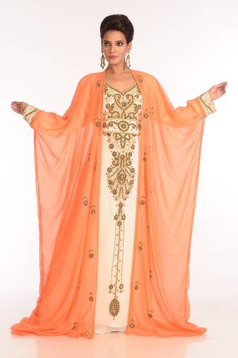 Inner Cream And Jacket Orange Embroidered Georgette Islamic Kaftan