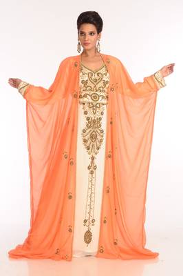 Inner Cream And Jacket Orange Embroidered Georgette Islamic Kaftan 1