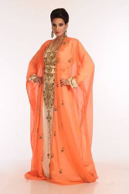Inner Cream And Jacket Orange Embroidered Georgette Islamic Kaftan 5