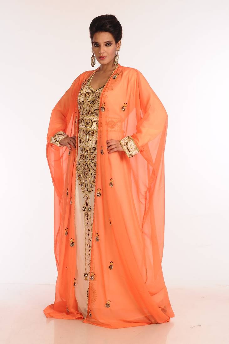 Inner Cream And Jacket Orange Embroidered Georgette Islamic Kaftan
