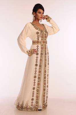 Cream Embroidered Georgette Islamic Kaftan 4
