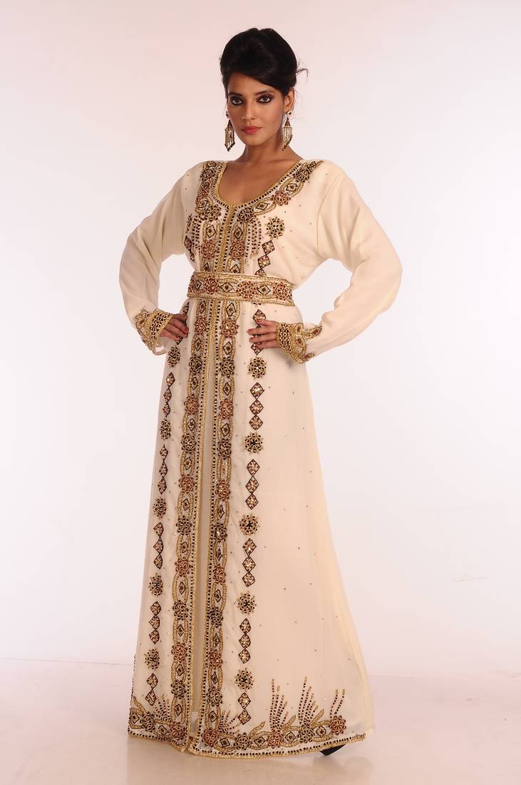 Cream Embroidered Georgette Islamic Kaftan