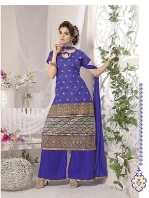 blue embroidered chanderi unstitched palazzo salwar with dupatta 1